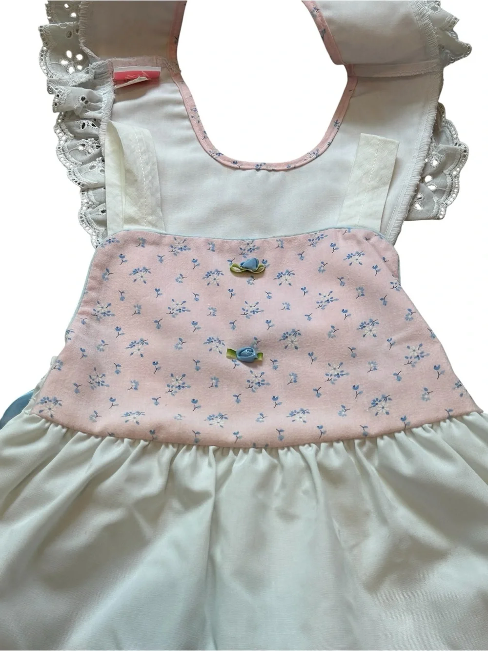 Vintage Girls Pink Floral Apron Dress Eyelet Trim Ribbons Cottagecore Prairie